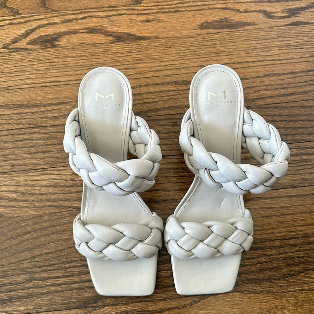 Marc Fisher Gray Hammy Heeled Slide Womens Dress Braided Rope Strap Sandals 10